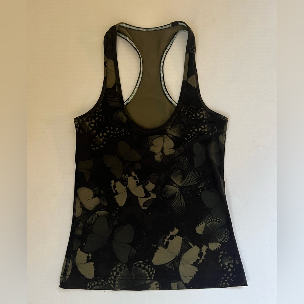 Lululemon Cool Racerback tank top butterfly print army fatigue green size 2